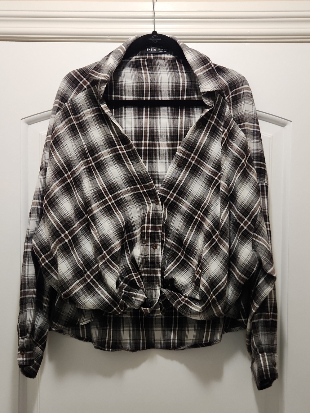 SHEIN Brown and White and Black Plaid Button-Front Women's Shirt